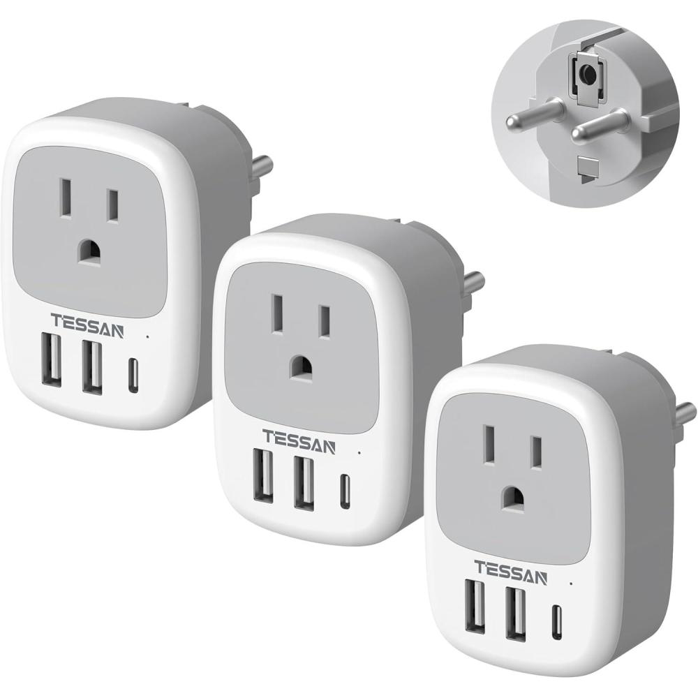 imageUS to India Plug Adapter 3 Pack TESSAN Type D Travel Adapter with 3 USB Ports 1 USB C Power Adaptor for US to India Nepal Maldives Pakistan Bangladesh Sri Lanka Bhutan YemenWhiteGreyType EF