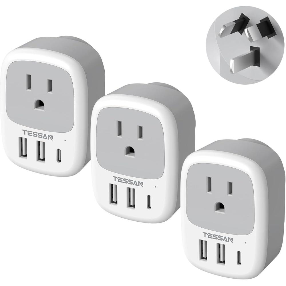 imageUS to India Plug Adapter 3 Pack TESSAN Type D Travel Adapter with 3 USB Ports 1 USB C Power Adaptor for US to India Nepal Maldives Pakistan Bangladesh Sri Lanka Bhutan YemenGreyWhiteType l