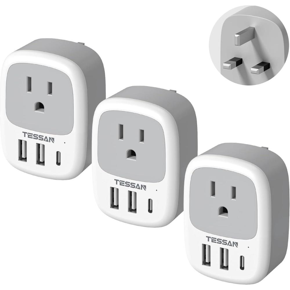 imageUS to India Plug Adapter 3 Pack TESSAN Type D Travel Adapter with 3 USB Ports 1 USB C Power Adaptor for US to India Nepal Maldives Pakistan Bangladesh Sri Lanka Bhutan YemenWhiteGreyType G