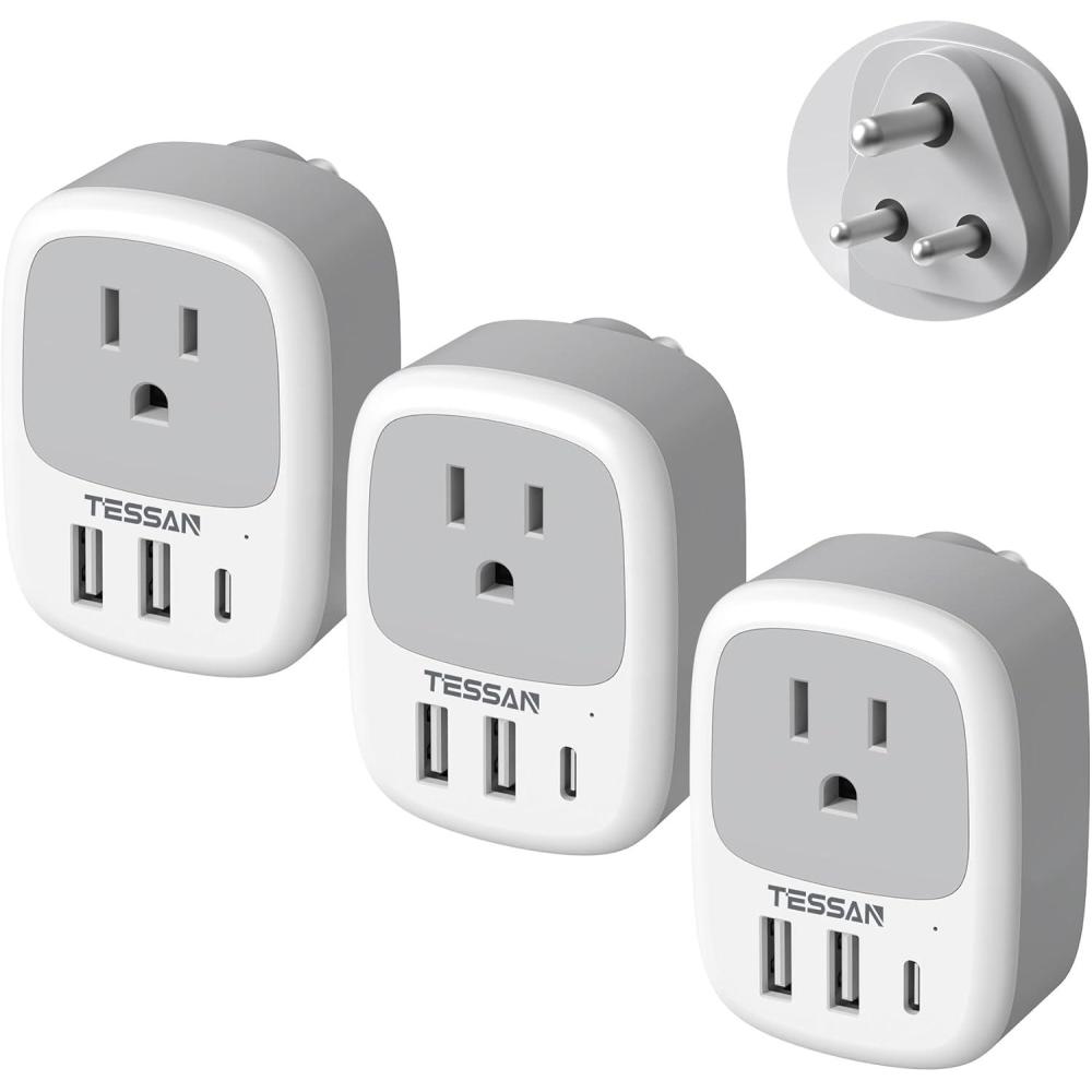 imageUS to India Plug Adapter 3 Pack TESSAN Type D Travel Adapter with 3 USB Ports 1 USB C Power Adaptor for US to India Nepal Maldives Pakistan Bangladesh Sri Lanka Bhutan YemenGreyWhiteType D