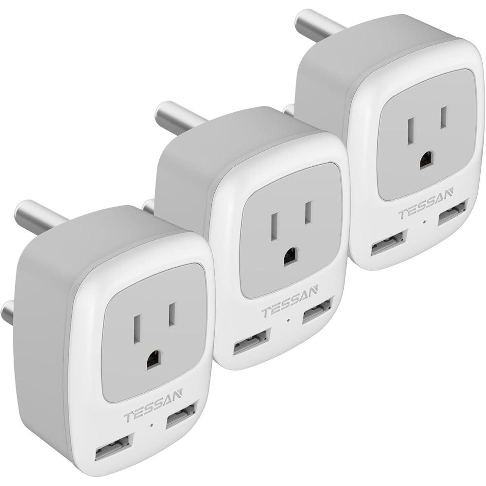 imageUS to India Plug Adapter 3 Pack TESSAN Type D Travel Adapter with 3 USB Ports 1 USB C Power Adaptor for US to India Nepal Maldives Pakistan Bangladesh Sri Lanka Bhutan YemenWhiteGreyType M