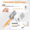imageTESSAN USB C Charger Block Multi Plug Wall Outlet Extender with 3 USB Retractable USBC Cable 3 Side Multi Port Adapter for Cruise Bathroom Office Dorm Essentials