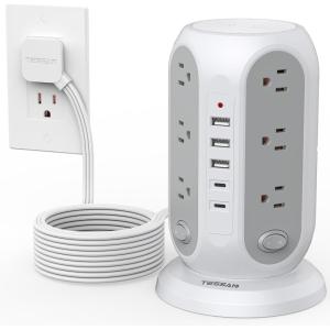 imageTESSAN 15 ft Extension Cord Tower Power Strip 4 Individual Switches with 12 AC Outlets 5 USB Ports 2 USB C Surge Protector Flat Plug Long Extension Cord with Multiple Outlets for Office Dorm