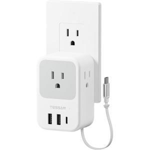 imageTESSAN USB C Charger Block Multi Plug Wall Outlet Extender with 3 USB Retractable USBC Cable 3 Side Multi Port Adapter for Cruise Bathroom Office Dorm Essentials