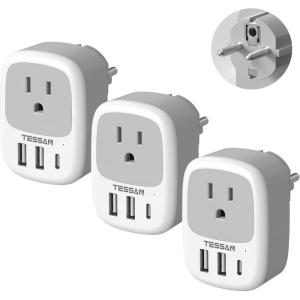 imageUS to India Plug Adapter 3 Pack TESSAN Type D Travel Adapter with 3 USB Ports 1 USB C Power Adaptor for US to India Nepal Maldives Pakistan Bangladesh Sri Lanka Bhutan YemenWhiteGreyType EF