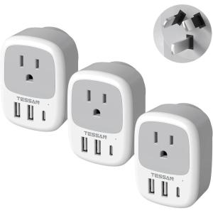 imageUS to India Plug Adapter 3 Pack TESSAN Type D Travel Adapter with 3 USB Ports 1 USB C Power Adaptor for US to India Nepal Maldives Pakistan Bangladesh Sri Lanka Bhutan YemenGreyWhiteType l