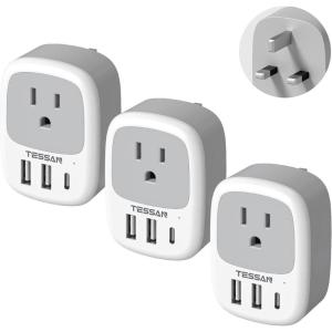 imageUS to India Plug Adapter 3 Pack TESSAN Type D Travel Adapter with 3 USB Ports 1 USB C Power Adaptor for US to India Nepal Maldives Pakistan Bangladesh Sri Lanka Bhutan YemenWhiteGreyType G