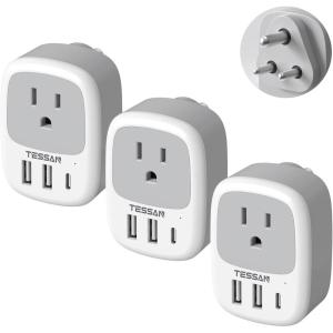 imageUS to India Plug Adapter 3 Pack TESSAN Type D Travel Adapter with 3 USB Ports 1 USB C Power Adaptor for US to India Nepal Maldives Pakistan Bangladesh Sri Lanka Bhutan YemenGreyWhiteType D