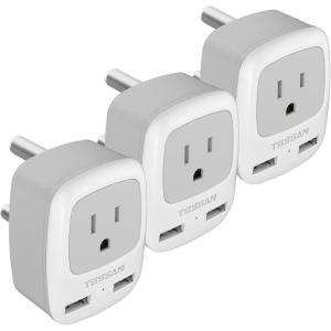 imageUS to India Plug Adapter 3 Pack TESSAN Type D Travel Adapter with 3 USB Ports 1 USB C Power Adaptor for US to India Nepal Maldives Pakistan Bangladesh Sri Lanka Bhutan YemenWhiteGreyType M
