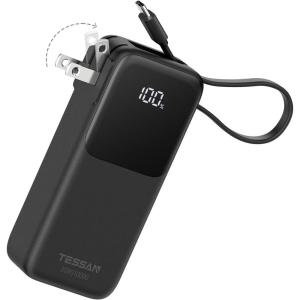 imageTESSAN Portable Charger Power Bank 10000mAh 30W USB C Battery Pack Built in USB C Cable with Foldable Wall Plug 3 in 1 Portable Phone Charger Compatible with iPhone 171615 Series Samsung Travel