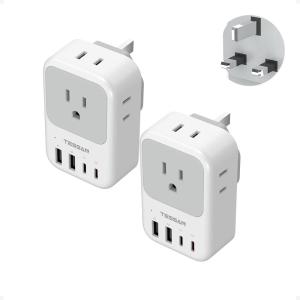 imageTESSAN Type F Plug Adapter 2 Pack PD 20W South Korea Outlet Adapter with 4 AC Outlets 4 USB Ports 2 USB C Type E Power Adaptor for US to Europe Spain Germany France Iceland Greece Russia NorwayType G  UK Ireland
