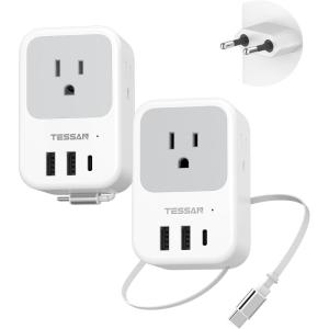 imageEuropean Travel Plug Adapter 2 Pack Builtin 20W Retractable USBC Cable PD 20W TESSAN Type C Power Adapter with 3 AC Outlets 4 USB Ports for US to Europe Italy Spain France Greece Iceland Germany