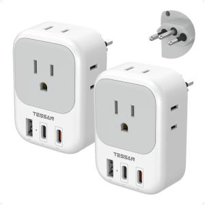 imageTESSAN Brazil Plug Adapter 2 Pack 7 in 1 PD 20W Travel Adaptor with 4 Electrical Outlets and 3 USB Charger Ports 1 USBA 2 USBC Type N Power Adapters for US to Brasil Brazilian