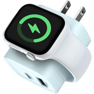 imageCharging Blocks for Apple Watch 3in1 PD 20W USB C Charger Block with Builtin Wireless Watch Charging Dual Ports Wall Charger Compatible with iPhoneiWatchBlueBlue