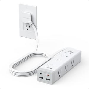 imageTESSAN Surge Protector Power Strip PD 20W Ultra Thin Flat Plug 6 FT Extension Cord 9 Outlets 4 USB2 USB C 1050J 1875W 15A Multiple Outlets Charging Station for Home Office College Dorm RoomWhite