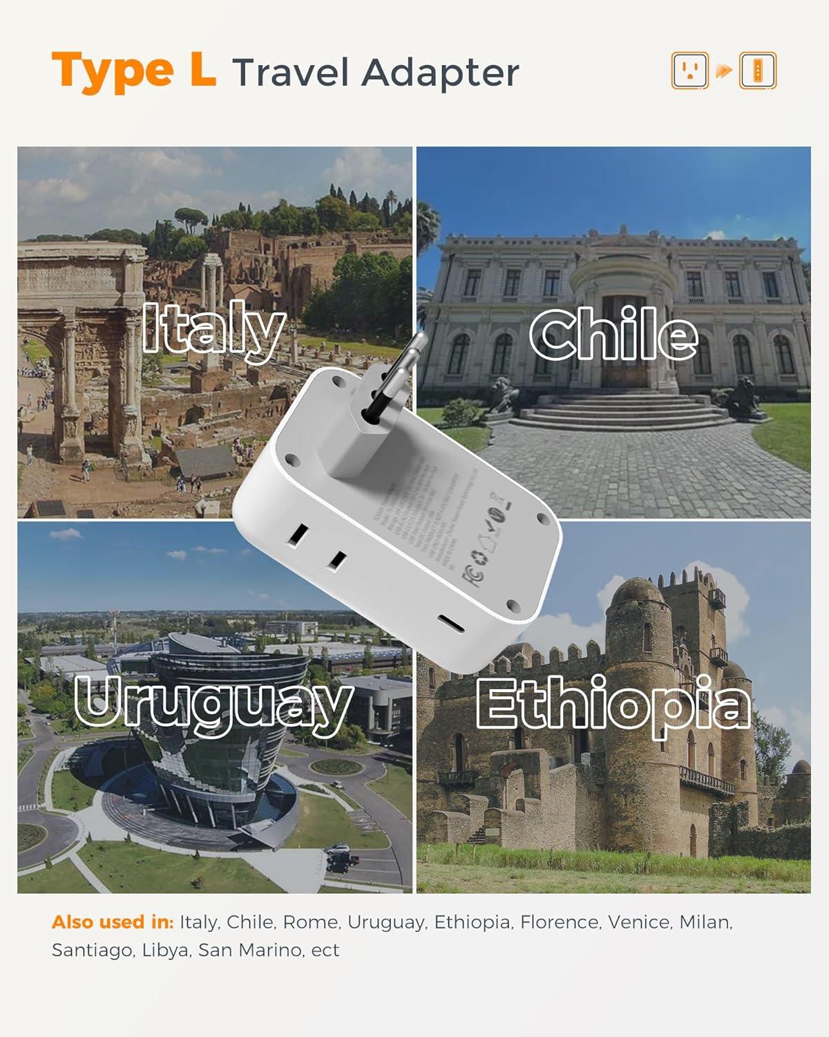imageItaly Travel Plug Adapter 28W TESSAN Italy Power Adapter with 4 Outlets 5 USB Ports 3 USBC Type L Outlet Adaptor for US to Italy Italian Chile Rome Uruguay Venice Libya Syria Tunisia 2 Packs