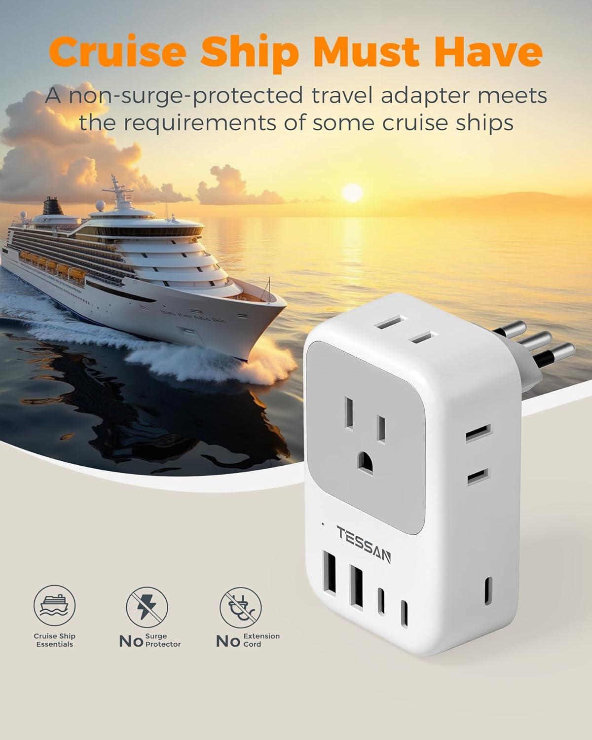 imageItaly Travel Plug Adapter 28W TESSAN Italy Power Adapter with 4 Outlets 5 USB Ports 3 USBC Type L Outlet Adaptor for US to Italy Italian Chile Rome Uruguay Venice Libya Syria Tunisia 2 Packs
