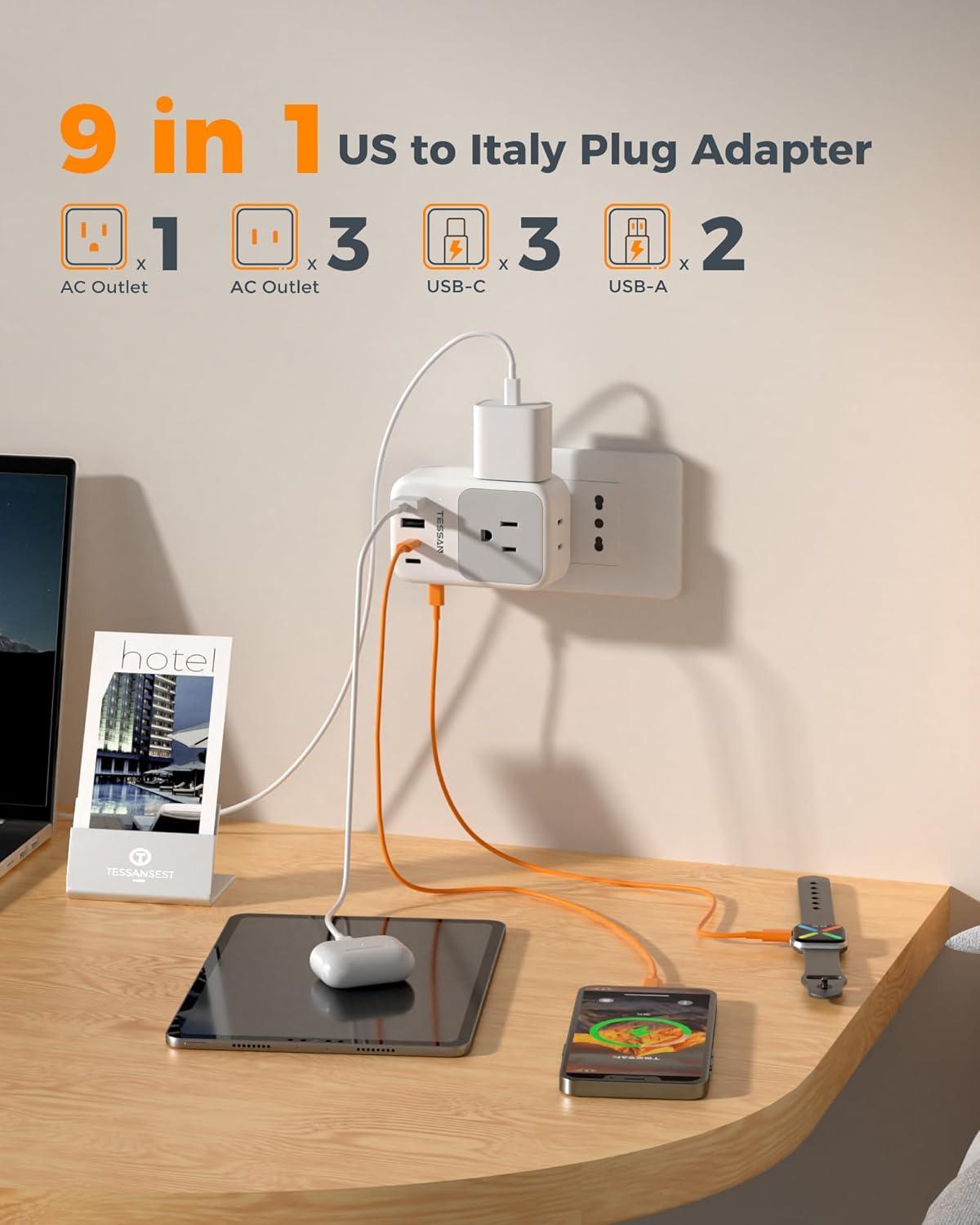 imageItaly Travel Plug Adapter 28W TESSAN Italy Power Adapter with 4 Outlets 5 USB Ports 3 USBC Type L Outlet Adaptor for US to Italy Italian Chile Rome Uruguay Venice Libya Syria Tunisia 2 Packs