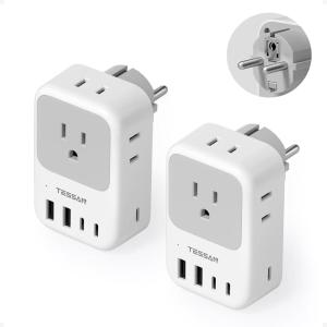 imageTESSAN Type F Plug Adapter 2 Pack 28W Germany France Travel Plug Adapter with 4 Outlets 5 USB Ports 3 USBC Type E Power Adaptor for US to Europe Spain Iceland Greece South Korea Russia Norway
