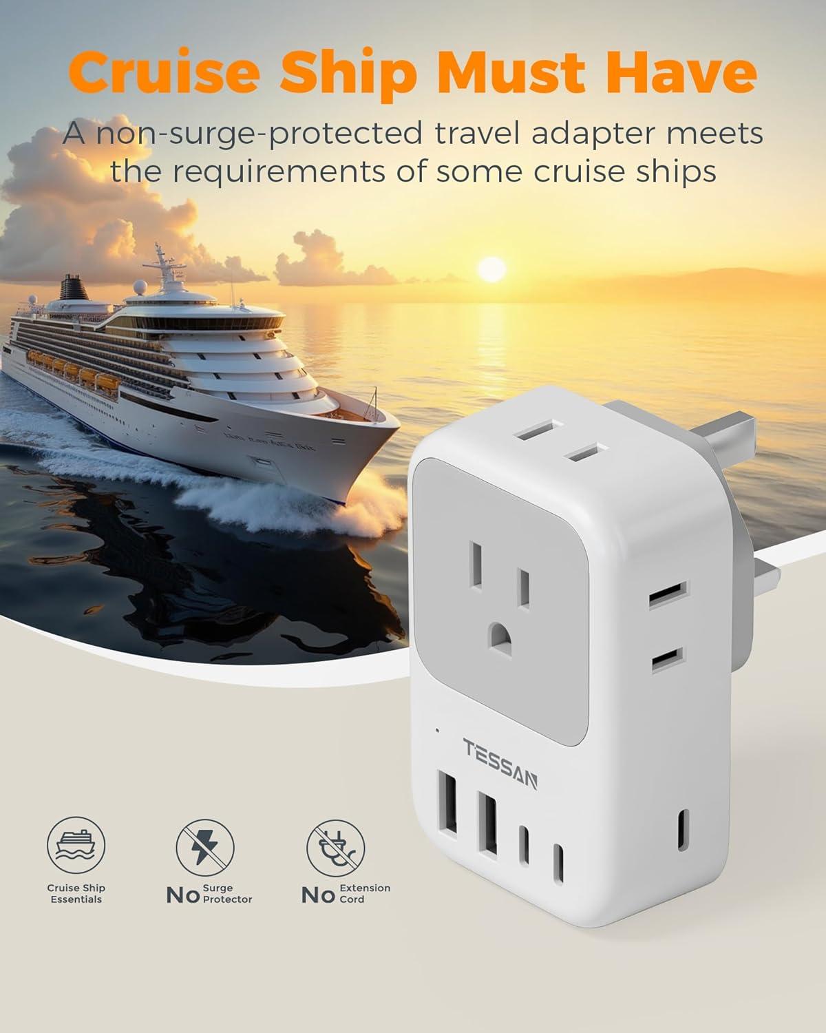 imageType G Adapter for Travel 28W TESSAN US to UK Plug Adapter with 4 Outlets 5 USB Ports 3 USBC Power Outlet Adaptor for USA to Ireland England London British Scotland Hong Kong Kenya 2 Packs