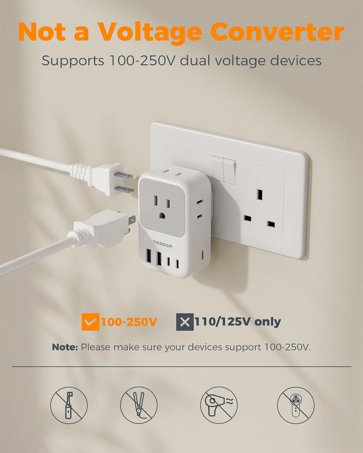 imageType G Adapter for Travel 28W TESSAN US to UK Plug Adapter with 4 Outlets 5 USB Ports 3 USBC Power Outlet Adaptor for USA to Ireland England London British Scotland Hong Kong Kenya 2 Packs