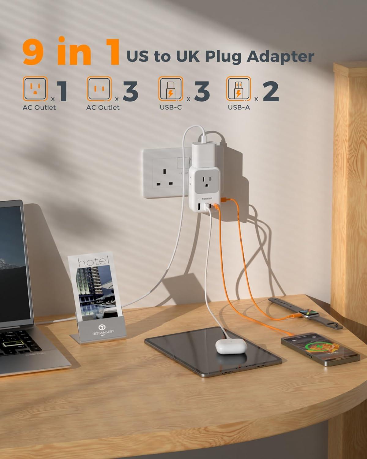 imageType G Adapter for Travel 28W TESSAN US to UK Plug Adapter with 4 Outlets 5 USB Ports 3 USBC Power Outlet Adaptor for USA to Ireland England London British Scotland Hong Kong Kenya 2 Packs