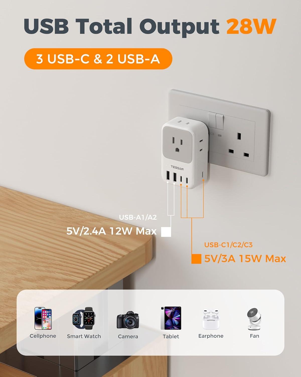 imageType G Adapter for Travel 28W TESSAN US to UK Plug Adapter with 4 Outlets 5 USB Ports 3 USBC Power Outlet Adaptor for USA to Ireland England London British Scotland Hong Kong Kenya 2 Packs