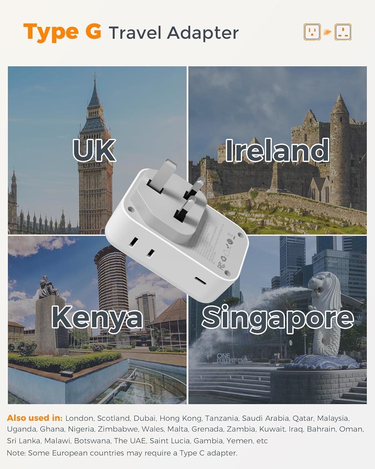 imageType G Adapter for Travel 28W TESSAN US to UK Plug Adapter with 4 Outlets 5 USB Ports 3 USBC Power Outlet Adaptor for USA to Ireland England London British Scotland Hong Kong Kenya 2 Packs