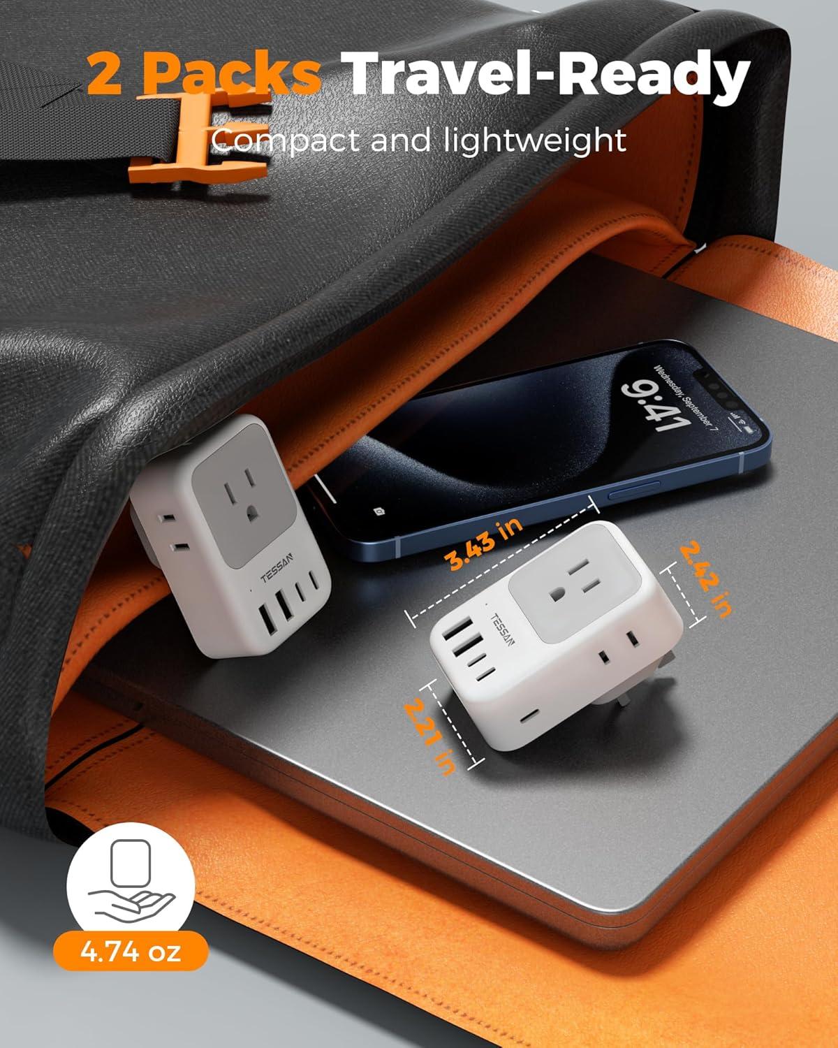 imageType G Adapter for Travel 28W TESSAN US to UK Plug Adapter with 4 Outlets 5 USB Ports 3 USBC Power Outlet Adaptor for USA to Ireland England London British Scotland Hong Kong Kenya 2 Packs
