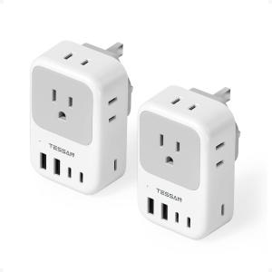 imageType G Adapter for Travel 28W TESSAN US to UK Plug Adapter with 4 Outlets 5 USB Ports 3 USBC Power Outlet Adaptor for USA to Ireland England London British Scotland Hong Kong Kenya 2 Packs