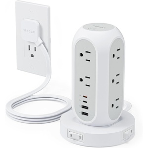 image:imageTESSAN Tower Power Strip with Individual Switches Surge Protector with 11 Outlets 4 USB Ports 2 USB C Flat Extension Cord 10 Ft 1625W 20W Charging Station for Multiple Devices for Office DormGrey
