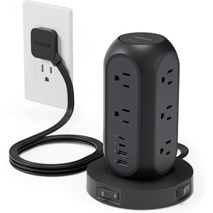 image:imageTESSAN Tower Power Strip with Individual Switches Surge Protector with 11 Outlets 4 USB Ports 2 USB C Flat Extension Cord 10 Ft 1625W 20W Charging Station for Multiple Devices for Office DormBlack
