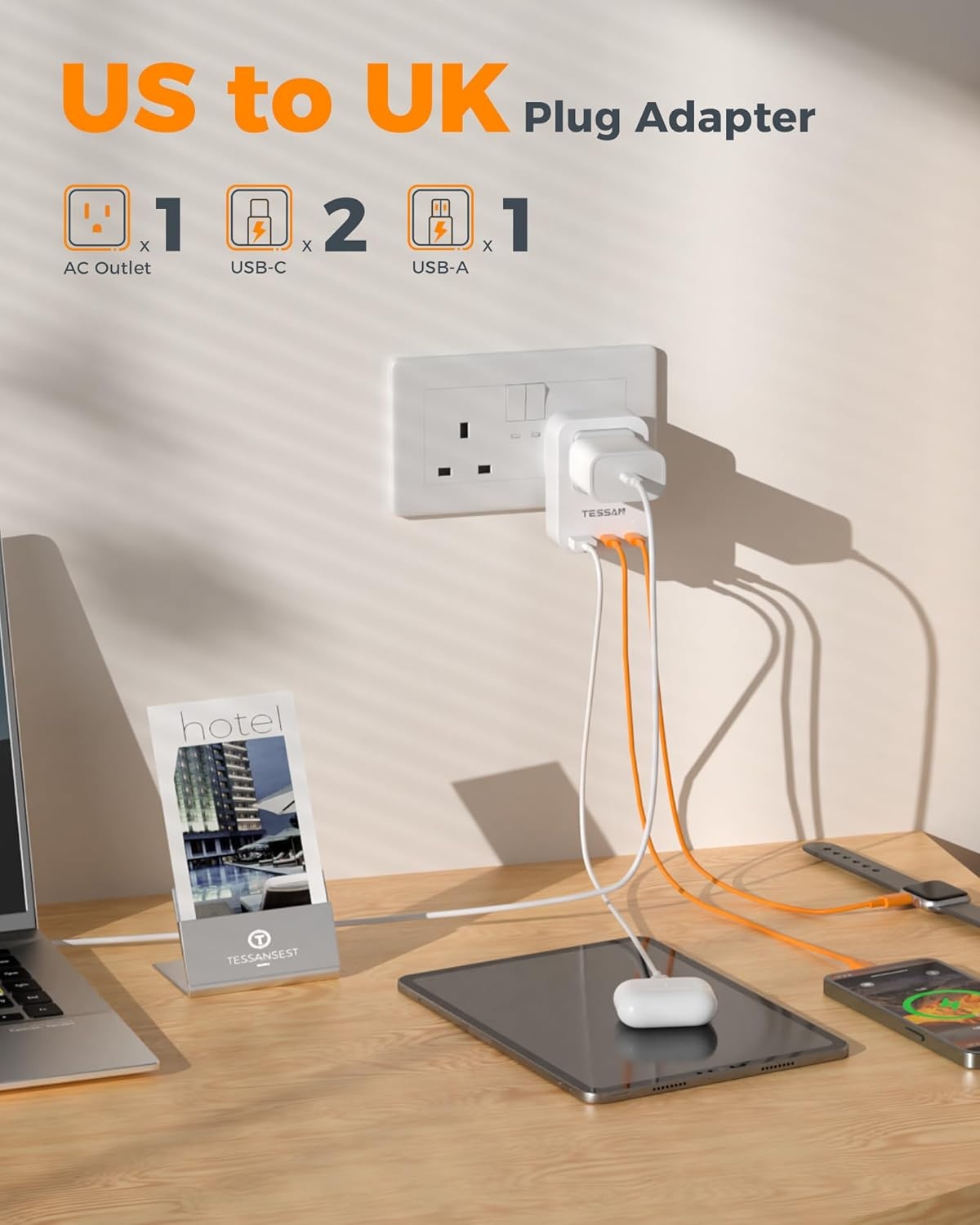 image:imageTESSAN US to UK Plug Adapter PD 20W 2 Pack Ultra Thin UK Adapters for Travel with 3 USB Ports 2 USB C Type G Power Adaptor for USA to Ireland Scotland Dubai Hong Kong England British Kenya London