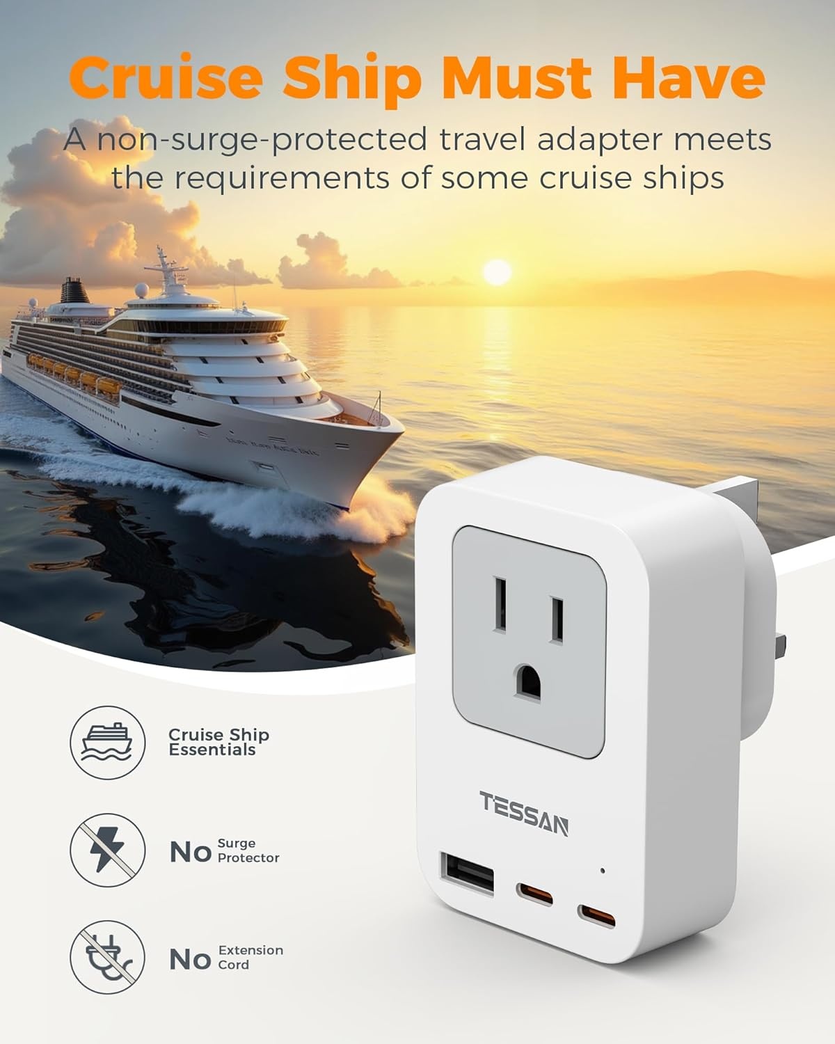 image:imageTESSAN US to UK Plug Adapter PD 20W 2 Pack Ultra Thin UK Adapters for Travel with 3 USB Ports 2 USB C Type G Power Adaptor for USA to Ireland Scotland Dubai Hong Kong England British Kenya London