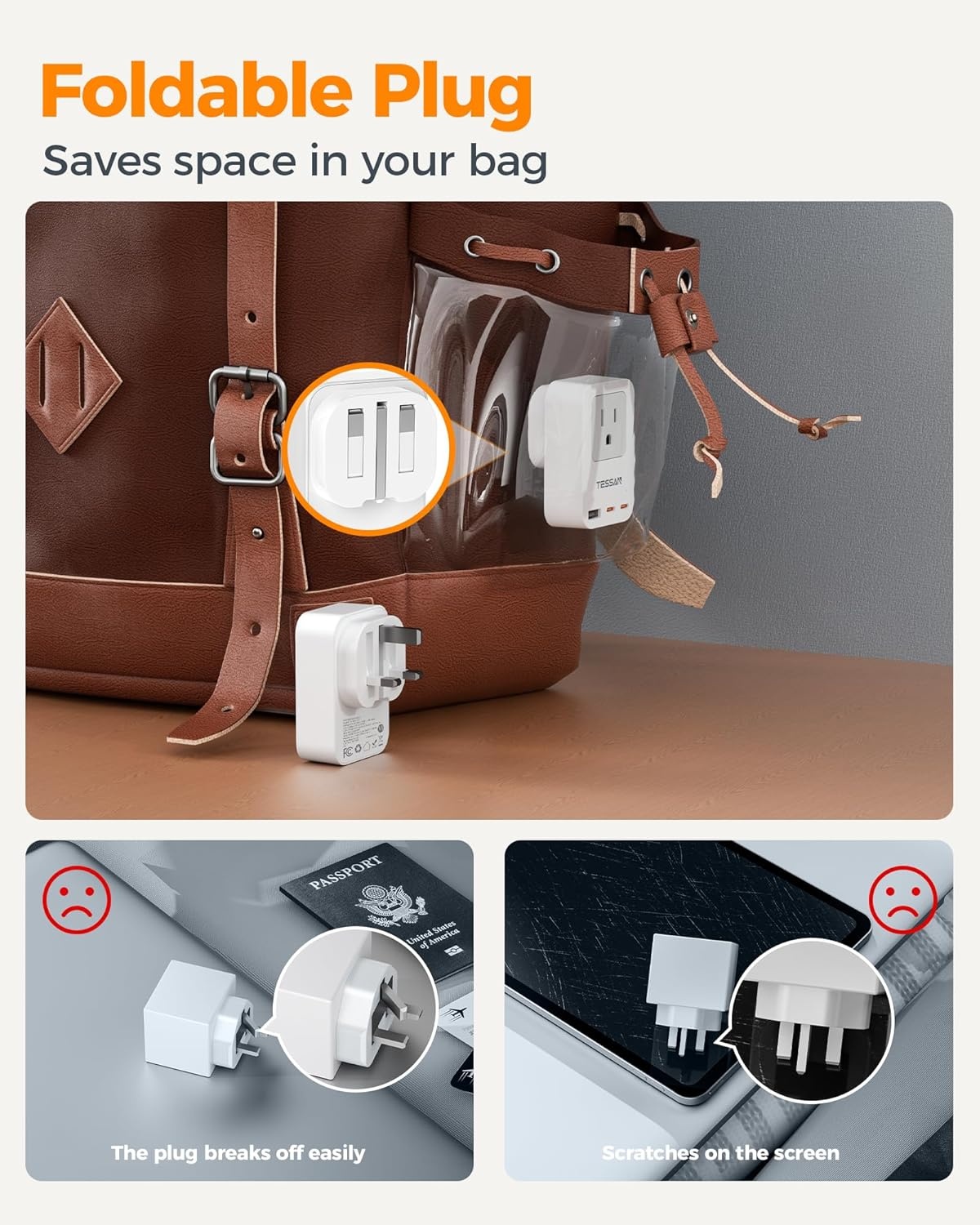 image:imageTESSAN US to UK Plug Adapter PD 20W 2 Pack Ultra Thin UK Adapters for Travel with 3 USB Ports 2 USB C Type G Power Adaptor for USA to Ireland Scotland Dubai Hong Kong England British Kenya London