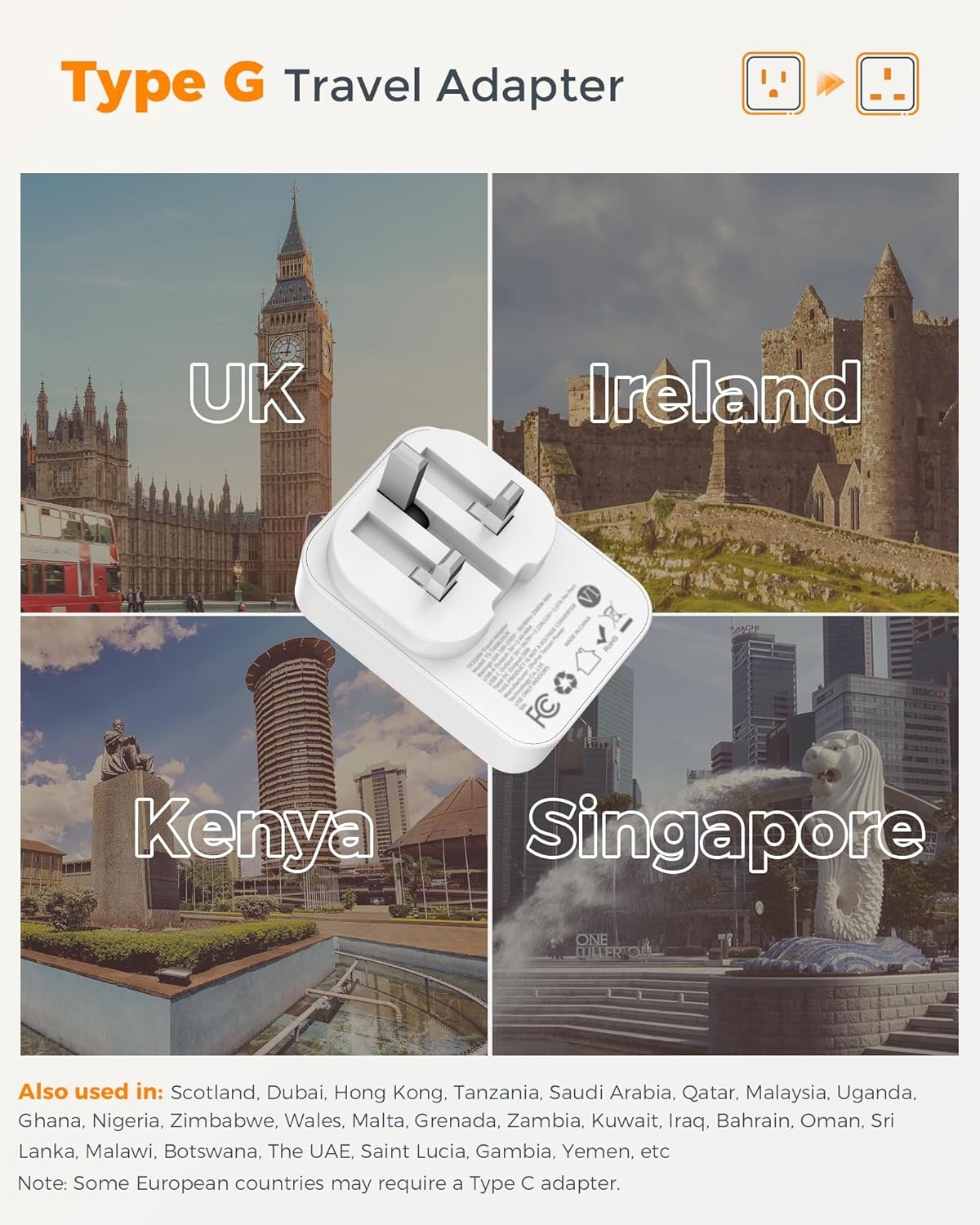 image:imageTESSAN US to UK Plug Adapter PD 20W 2 Pack Ultra Thin UK Adapters for Travel with 3 USB Ports 2 USB C Type G Power Adaptor for USA to Ireland Scotland Dubai Hong Kong England British Kenya London
