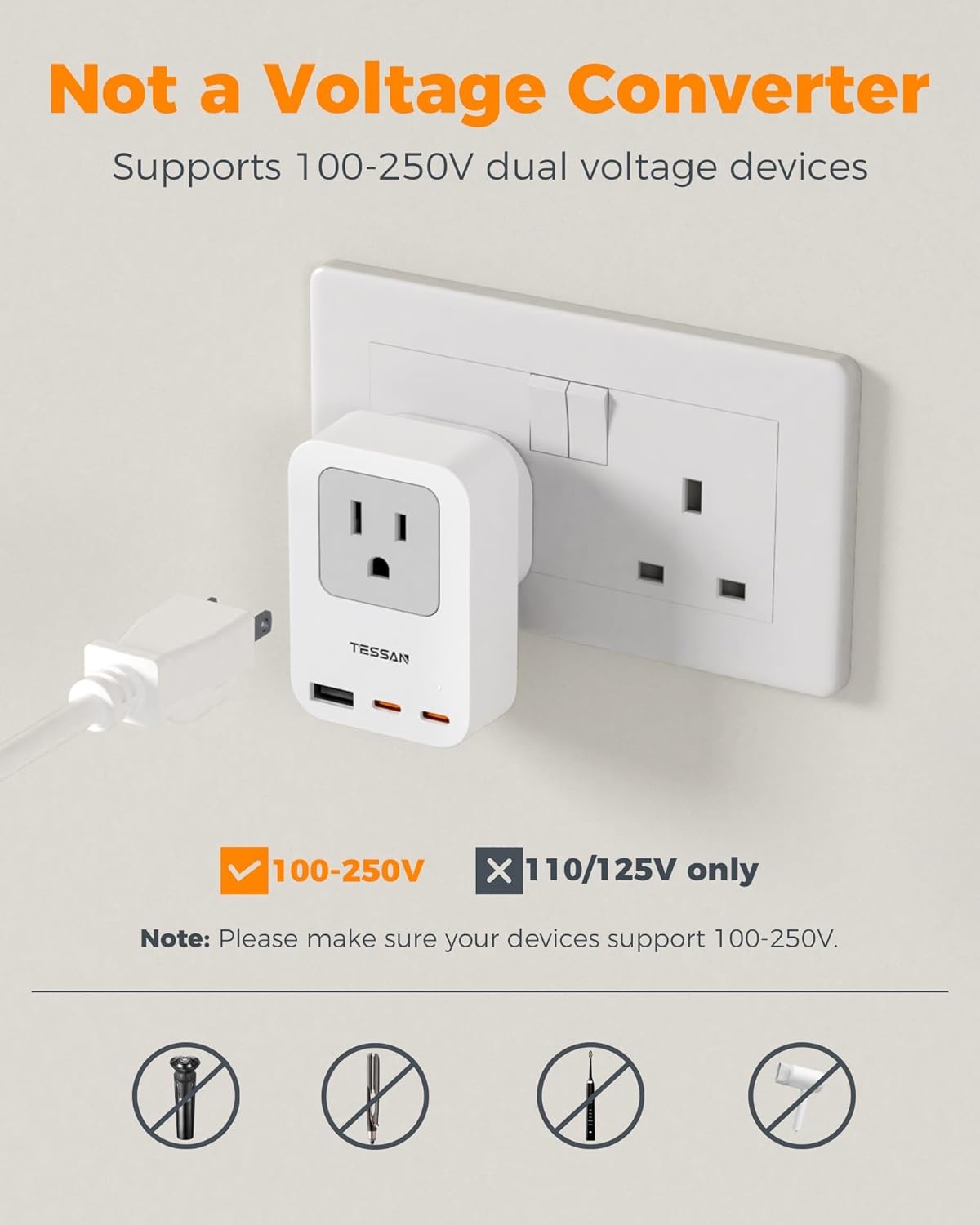 image:imageTESSAN US to UK Plug Adapter PD 20W 2 Pack Ultra Thin UK Adapters for Travel with 3 USB Ports 2 USB C Type G Power Adaptor for USA to Ireland Scotland Dubai Hong Kong England British Kenya London