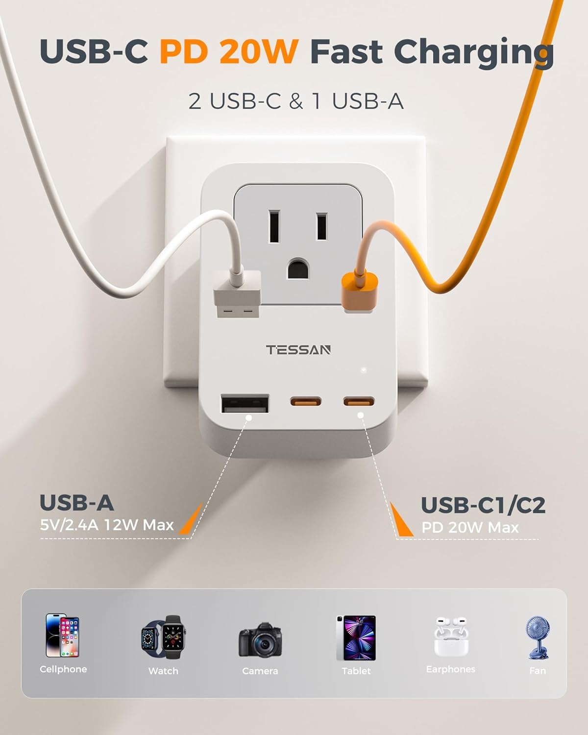 image:imageTESSAN US to UK Plug Adapter PD 20W 2 Pack Ultra Thin UK Adapters for Travel with 3 USB Ports 2 USB C Type G Power Adaptor for USA to Ireland Scotland Dubai Hong Kong England British Kenya London