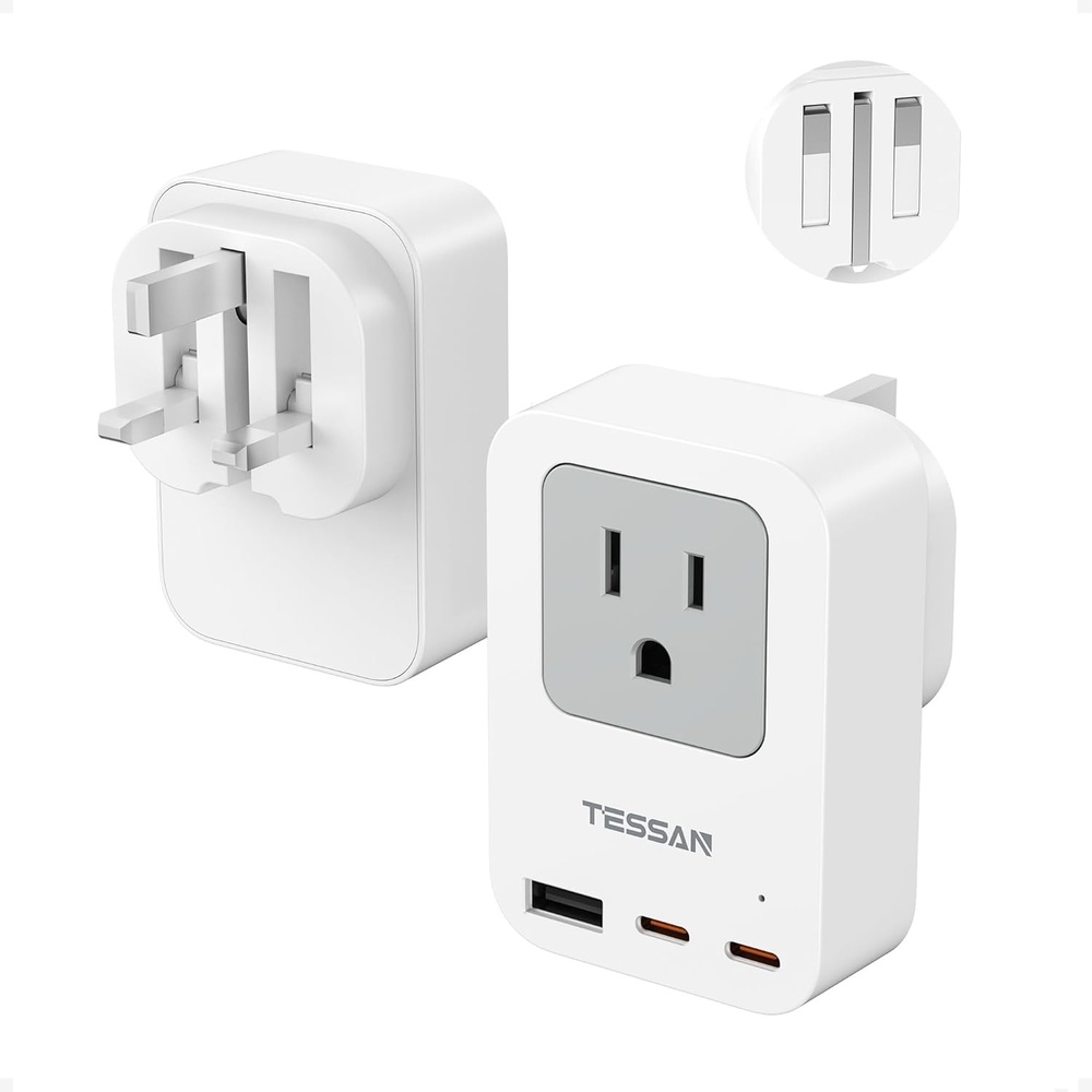 image:imageTESSAN US to UK Plug Adapter PD 20W 2 Pack Ultra Thin UK Adapters for Travel with 3 USB Ports 2 USB C Type G Power Adaptor for USA to Ireland Scotland Dubai Hong Kong England British Kenya London