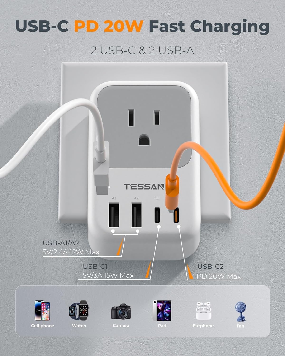 image:imageNew Zealand Power Adapter 2 Pack TESSAN PD 20W US to Australia Plug Adapter with 4 AC Outlets 4 USB Ports 2 USB C Type I Travel Adaptor for USA to Australian Argentina China Fiji AU NZ SamoaType EFGermany France