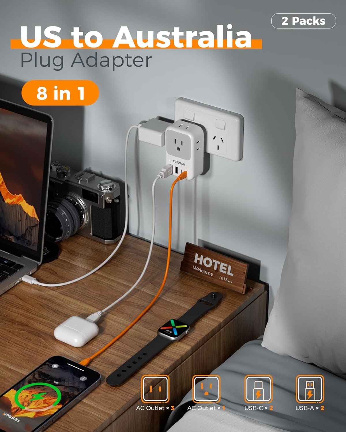 image:imageNew Zealand Power Adapter 2 Pack TESSAN PD 20W US to Australia Plug Adapter with 4 AC Outlets 4 USB Ports 2 USB C Type I Travel Adaptor for USA to Australian Argentina China Fiji AU NZ SamoaType I  Australia China