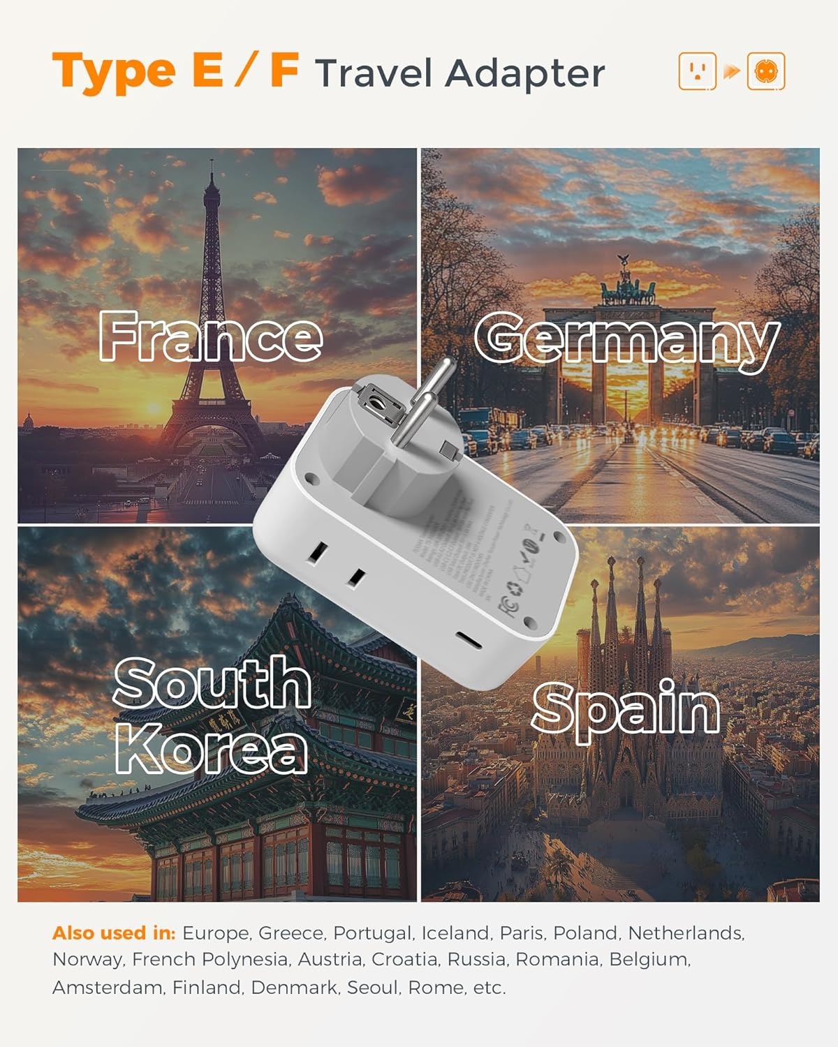 image:imageUS to India Plug Adapter 2Pack TESSAN India Power Adapter with 4 AC Outlets amp 5 USB Ports 3 USBC 28W Type D Travel Adaptor for USA to India Bangladesh Maldives Nepal PakistanType EFGermany France