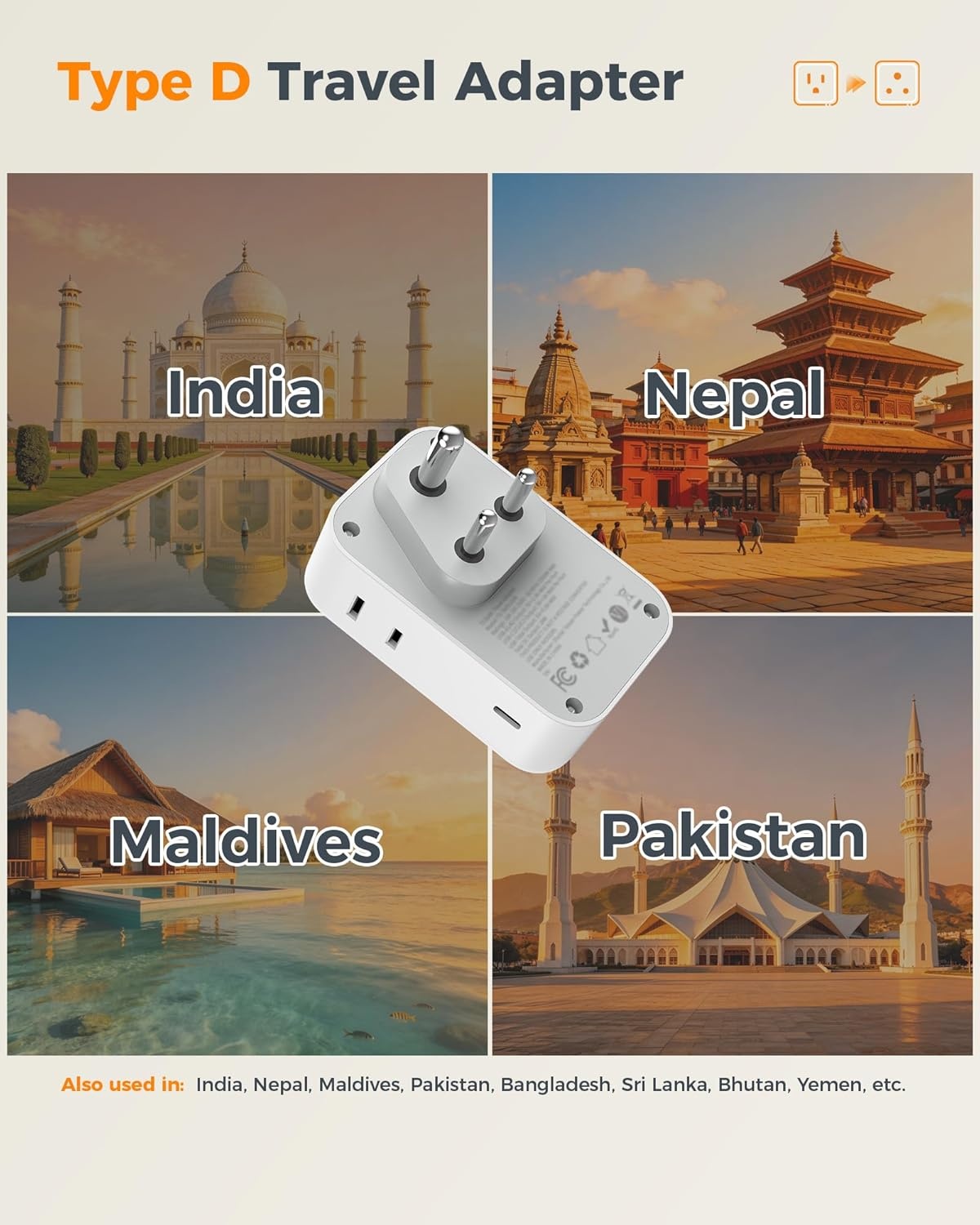 image:imageUS to India Plug Adapter 2Pack TESSAN India Power Adapter with 4 AC Outlets amp 5 USB Ports 3 USBC 28W Type D Travel Adaptor for USA to India Bangladesh Maldives Nepal PakistanType D  India Maldives