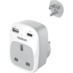image:imageTESSAN UK to US Plug Adapter 3 in 1 UK Power Adapter 2 USBA 1 AC Type G to Type B Travel Outlet Adapter Compact Lightweight Charger for Travel Business Trips and Hotels Use in United States