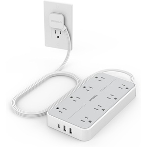 image:imageTESSAN Power Strip Surge Protector 15FT Flat Plug Extension Cord with 8 Outlets 3 USB Charger1 USB C 1080 Joules Protection Wall Mountable Charging Station for Home Office Dorm BlackGray